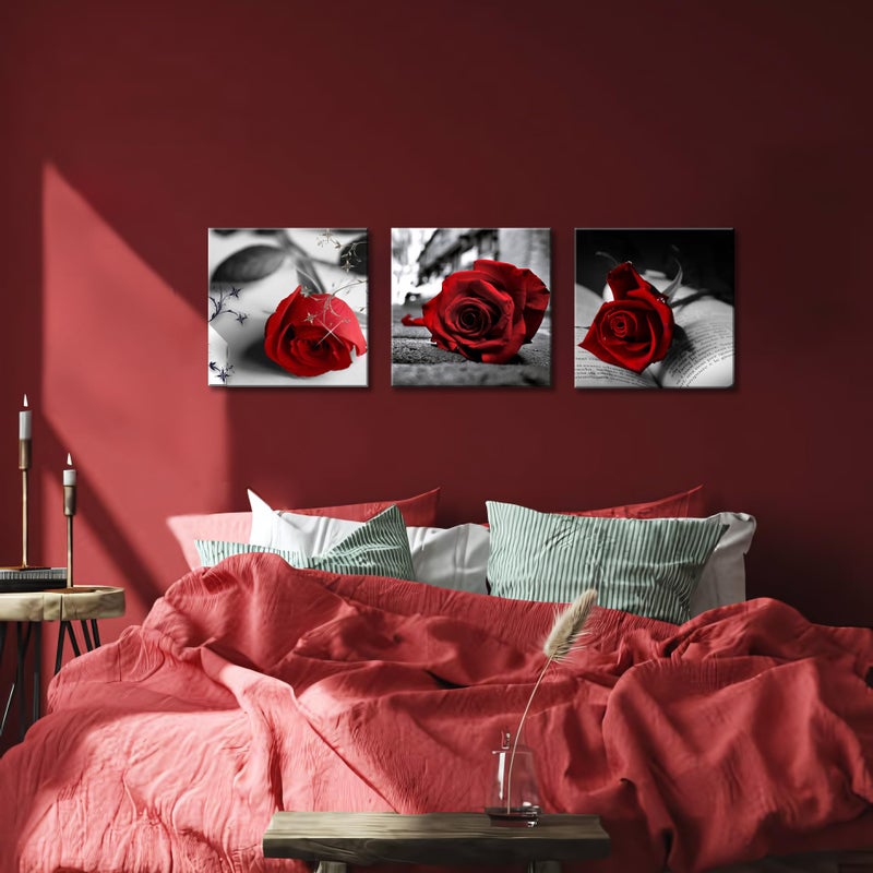 NAN Wind 3 Pcs Red Rose Canvas Art Black and White Red Wall Art Flower Picture Prints Stretched and Framed Triptych 12"X12" Floral Decor Canvas Art for Home Decor Living Room Bedroom - Image 5